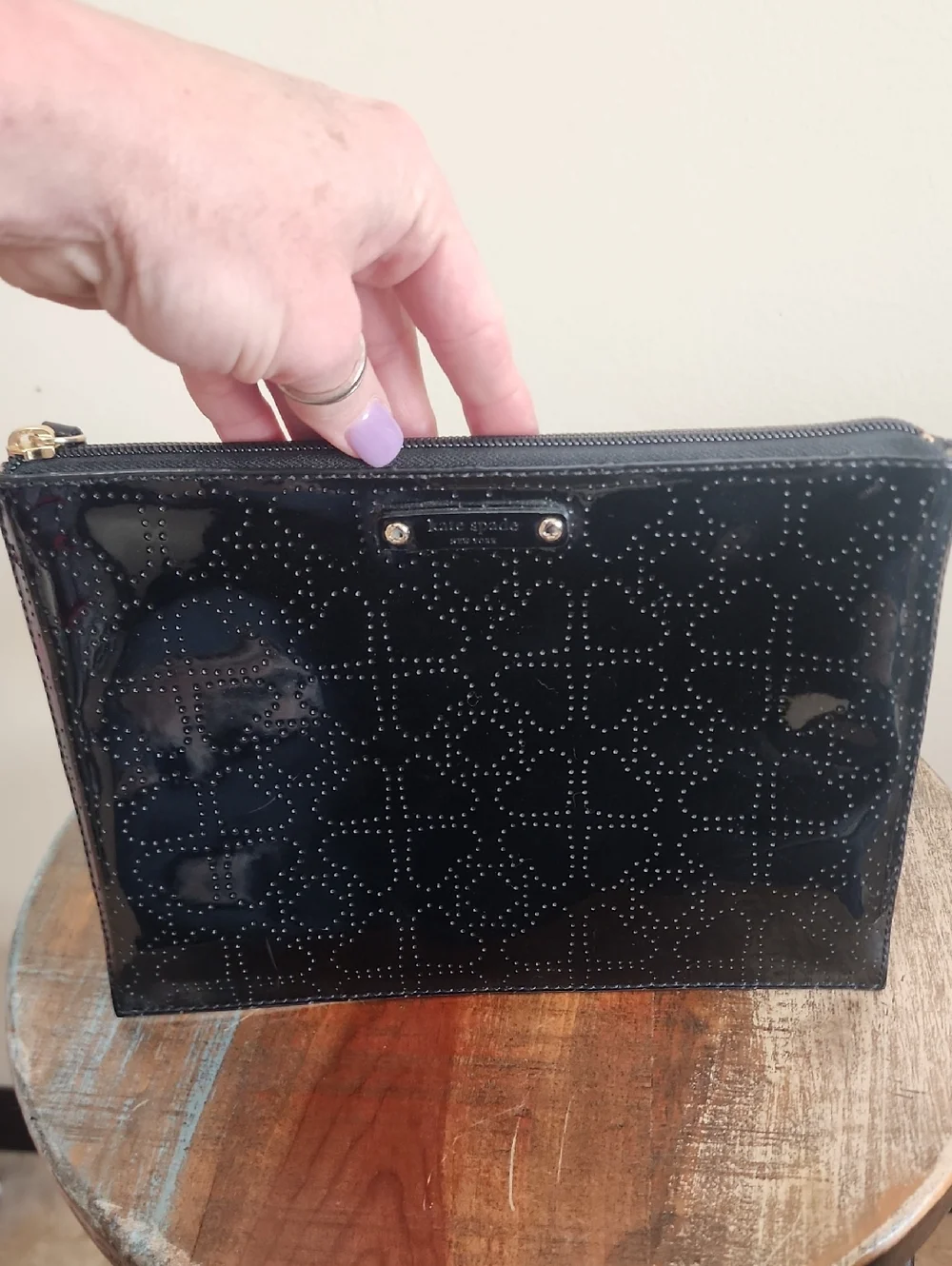 Kate Spade New York Jaquard Print Floral Black Studded Paient Leather Zip Pouch